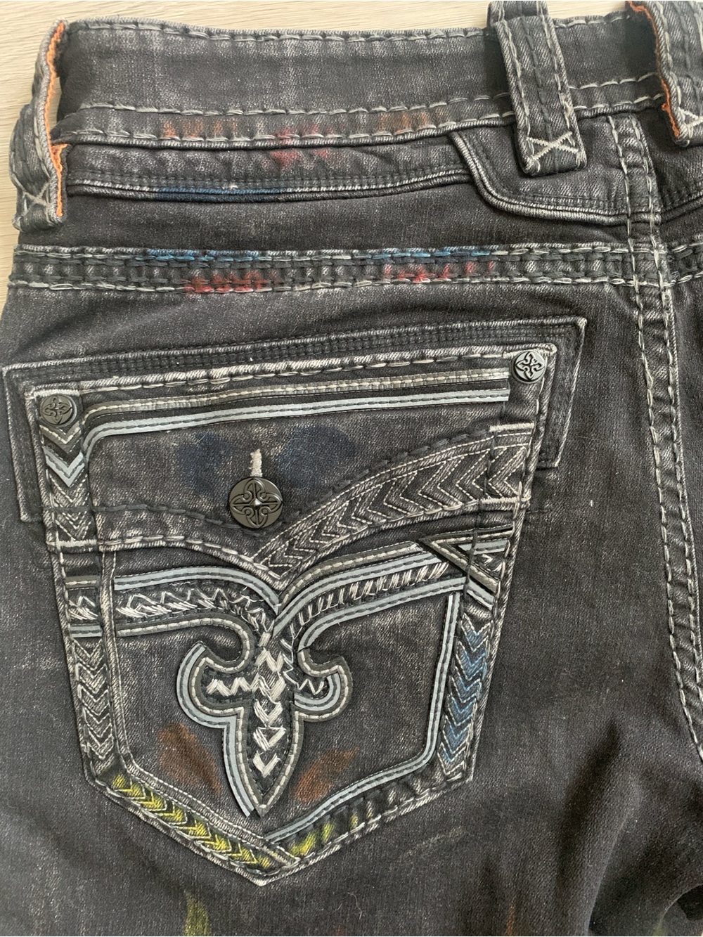 Rock Revival Lunar Rock Alt Straight Men’s Black Jeans with Multicolor Streaks - Picture 11 of 16